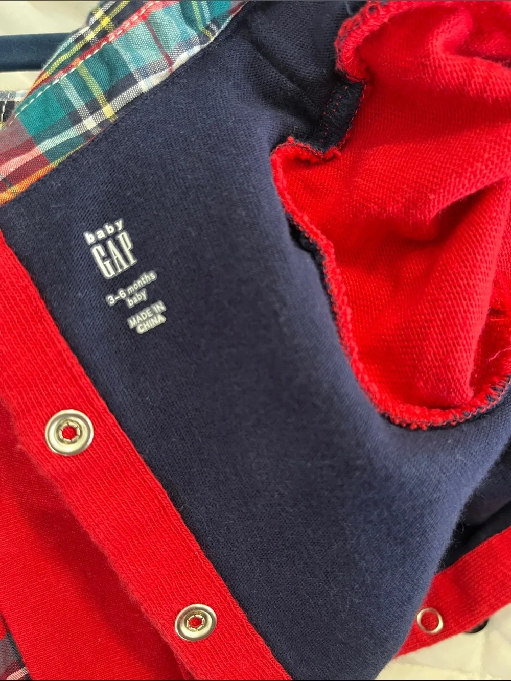 GAP Baby Red and Navy Snap-Front One Piece Outfit with Plaid Trim